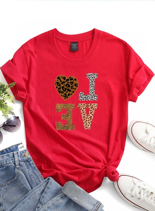 Women's T-shirts Solid Leopard Letter Short Sleeve Round Neck Daily T-shirt