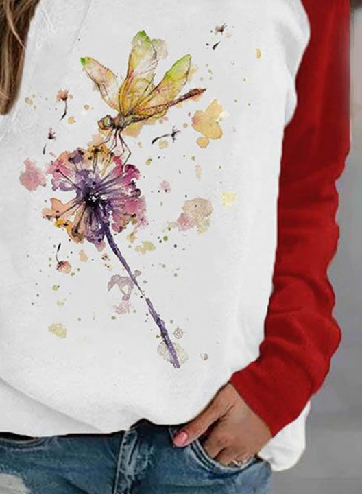 Women's Sweatshirt Casual Dandelion& Dragonfly Color Block Round Neck Long Sleeve Daily Sweatshirt