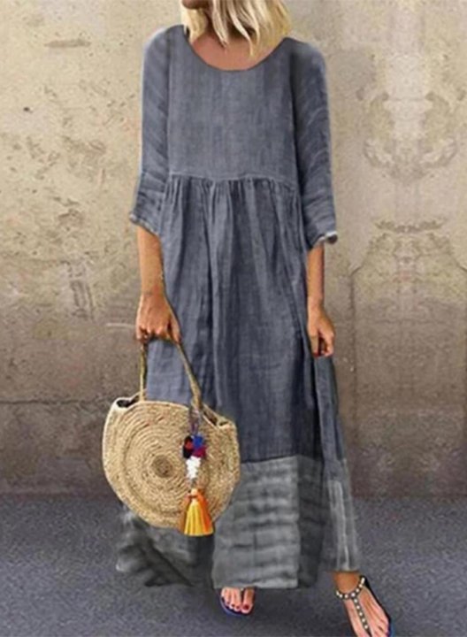 Women's Maxi Dresses Solid Color Block 3/4 Sleeve A-line Round Neck Casual Boho Maxi Dress