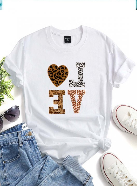 Women's T-shirts Solid Leopard Letter Short Sleeve Round Neck Daily T-shirt