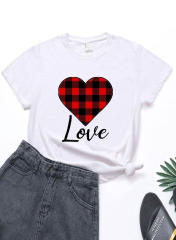 Women's T-shirts Plaid Heart Print Color Block Short Sleeve Round Neck Daily T-shirt