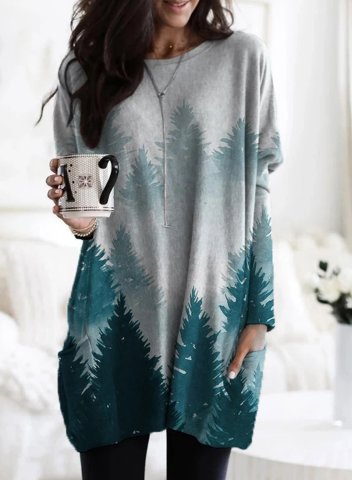 Treetop Print Round Neck Pocket Sweatshirt