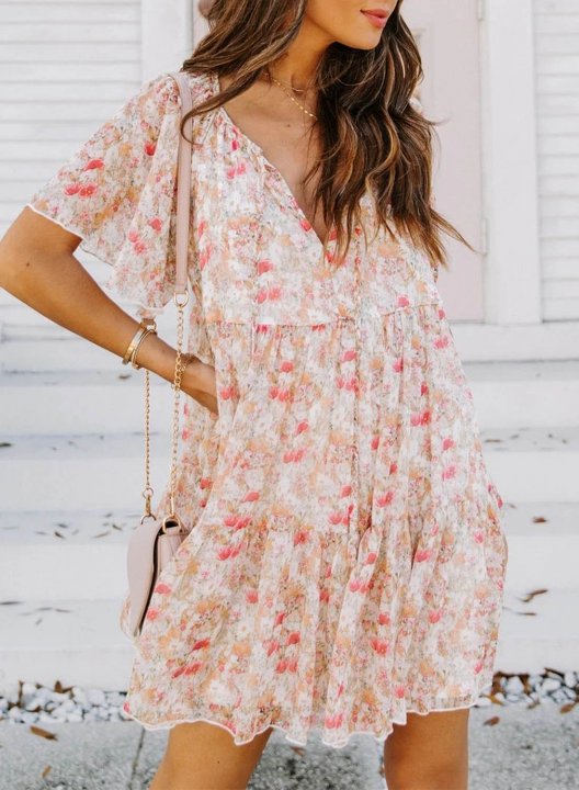 Women's Dress Floral Shift V Neck Short Sleeve Summer Vacation Date Boho Mini Dress