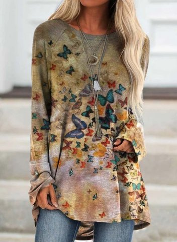 Women's Sweatshirts Round Neck Long Sleeve Butterfly Print Color Block Daily Tunics