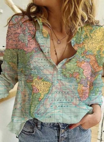 Women's Blouses Color Block The Earth Day Long Sleeve Turn Down Collar Button Blouse