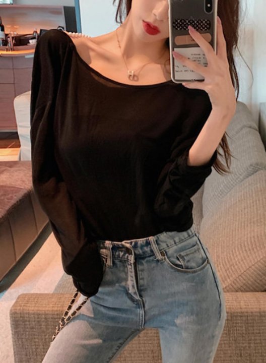 Women Solid Open Back Knot Long Sleeve T-shirts