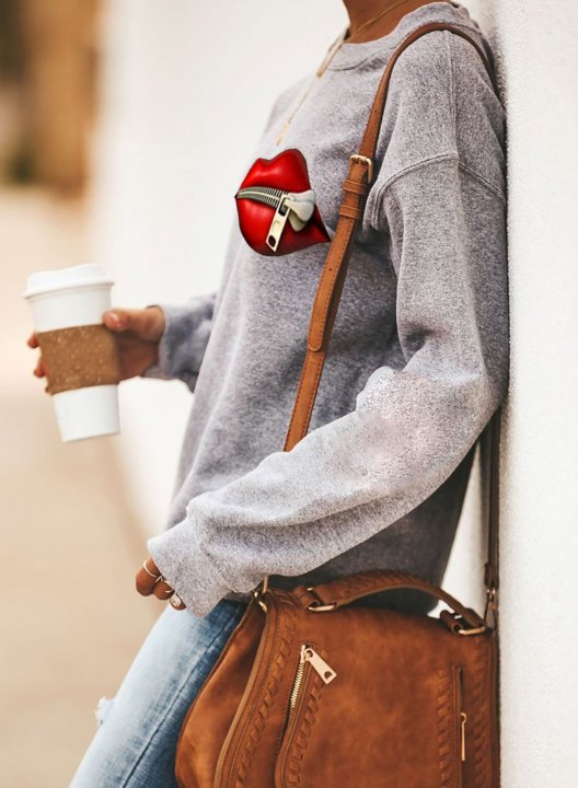 Solid Long Sleeve Round Neck Lips Print Sweatshirt