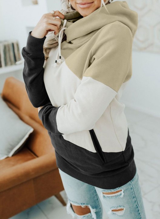 Color Block Stand Neck Long Sleeve Hoodie