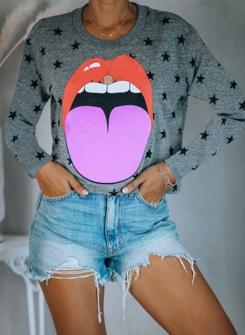 Color Block Star&Lips Print Round Neck Long Sleeve Sweatshirt