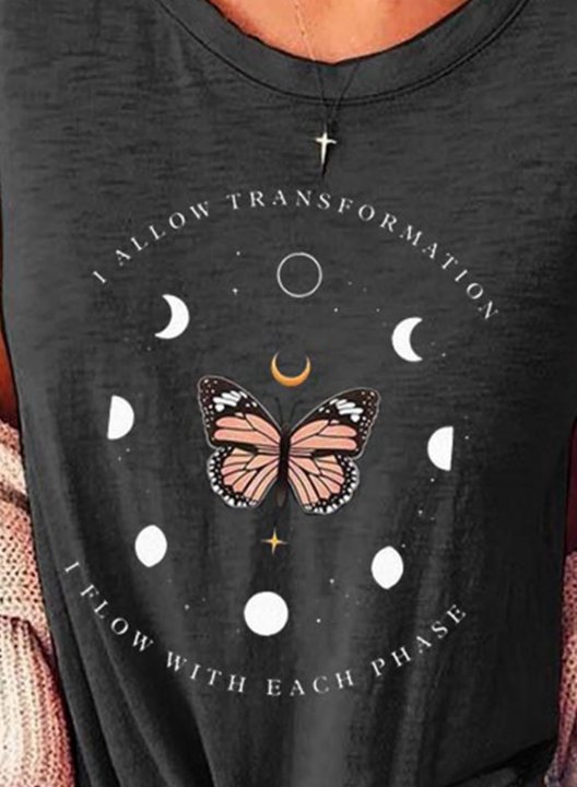 Women's T-shirts Butterfly Moon Print Short Sleeve Round Neck Daily Graphic T-shirt