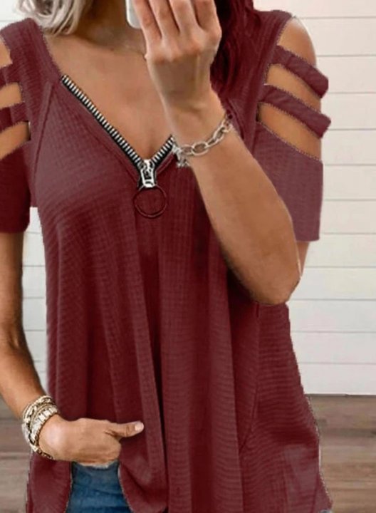 Women's Tunic Tops Solid Cold Shoulder Zip-up Cut-out Short Sleeve V Neck Casual Daily Tunic Tops