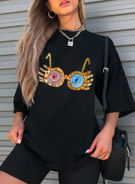 Women's T-shirts Glasses Color Block Half Sleeve Oversized T-shirt