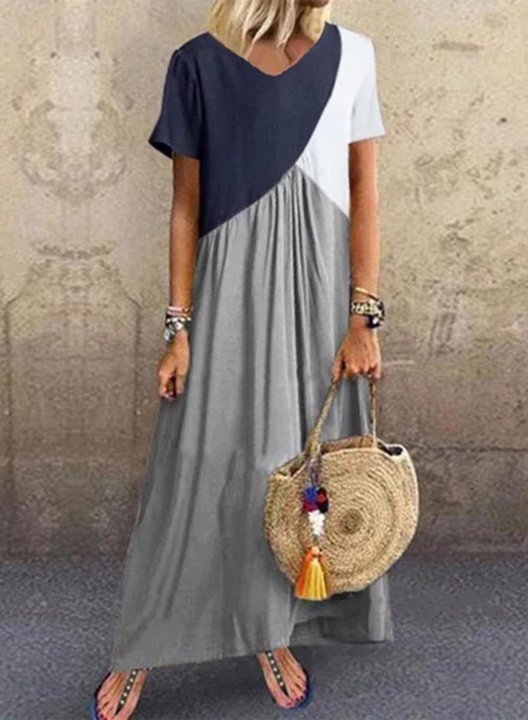 Women's Maxi Dresses Color Block Short Sleeve A-line V Neck Casual Daily Maxi Dress