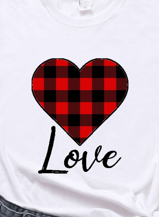 Women's T-shirts Plaid Heart Print Color Block Short Sleeve Round Neck Daily T-shirt