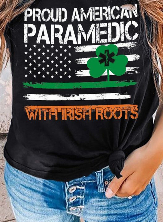 Women's St Patrick's Day T-shirts Flag Letter Clover Print Short Sleeve Round Neck Daily Cut-out T-shirt