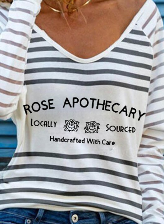 Women's Rose Apothecary Sweatshirt Striped Letter Long Sleeve V Neck Casual Pullover