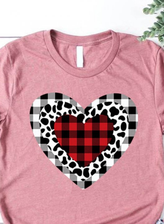 Women's T-Shirt Casual Plaid Leopard Heart-shaped Solid Round Neck Short Sleeve Daily T-shirts