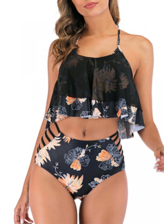 Women's Tankinis Floral Mid Waist U Neck Padded Cut Out Casual Tankini Set Suit