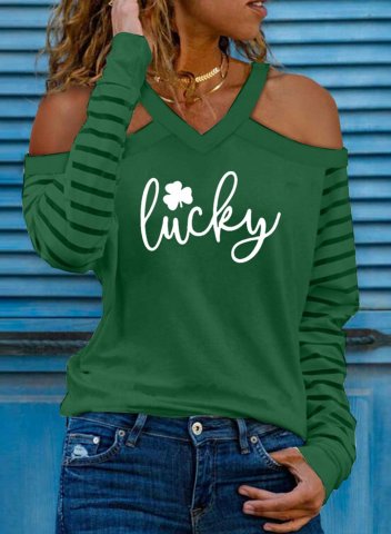 Women's St.Patrick's Day Sweatshirt Solid Green Letter Lucky Shamrock Print Long Sleeve V Neck Casual Pullover