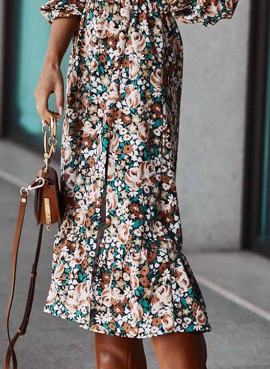 Women's Dress Floral Multicolor Long Sleeve V Neck Boho Vintage Daily Date Midi Dress