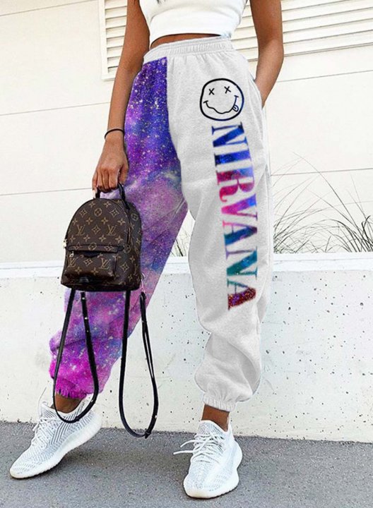 Women's Nirvana Smiley Face Joggers Pants Straight High Waist Full Length Joggers