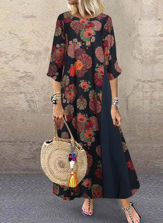 Women's Linen Maxi Dresses Floral Multicolor 3/4 Sleeve Round Neck Boho Vintage Maxi Dress