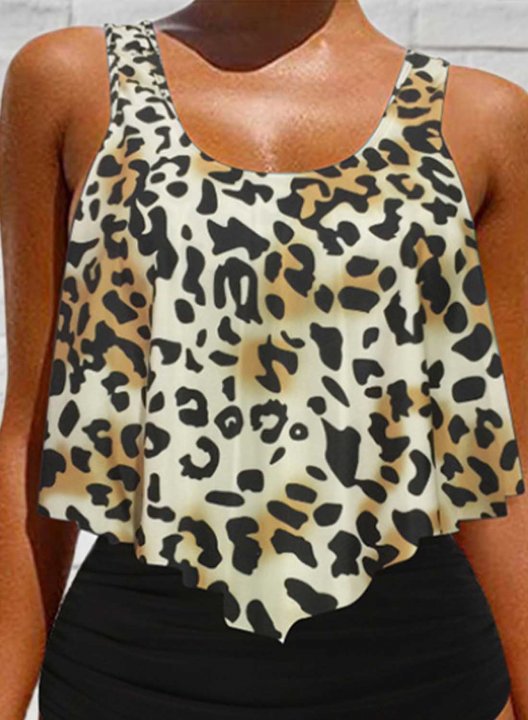 Women's Tankini Set Leopard Padded Round Neck High Waist Beach Tankini Sets