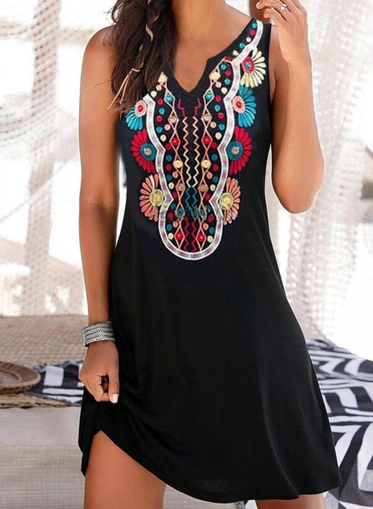 Women's Mini Dress Tribal A-line V Neck Sleeveless Summer Casual Beach Mini Dress