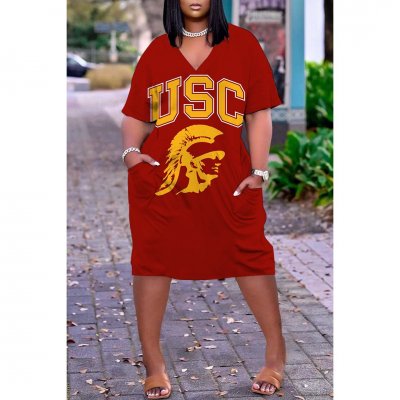 NCAAF Women's USC Trojans Printed V-neck Casual Pocket Dress