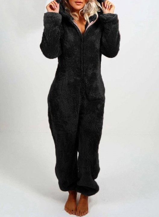 Women's Cute Bear Ears Hooded Cozy Pajama Jumpsuits Solid Thick Wool Zip Fuzzy One Piece Onsies Sleepwear