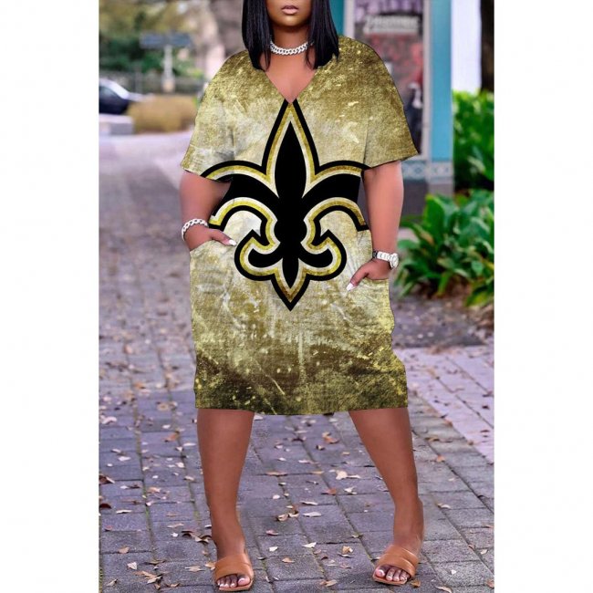 Women's New Orleans Saints Printed V-neck Casual Pocket Dress