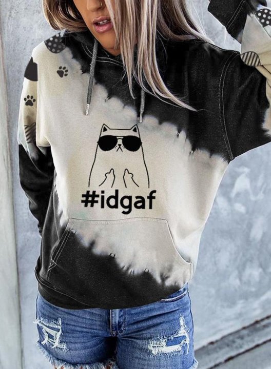 Women's Cute Cat idgaf Print Hoodies Drawstring Long Sleeve Color Block Hoodies With Pockets