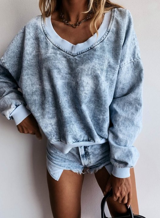 Solid Long Sleeve V Neck Sweatshirt