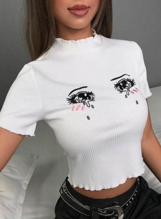 Women's T-shirts Portrait Cropped Solid Embroidery High Neck Short Sleeve Daily Casual T-shirts