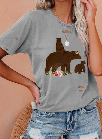 Women's Mother's day shirt Bear Short Sleeve Round Neck Casual Ripped T-shirt