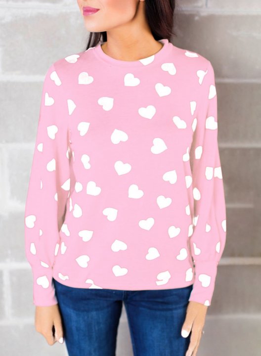 Women's Sweatshirts Color Block Heart-shaped Print Long Sleeve Round Neck Casual Sweatshirt