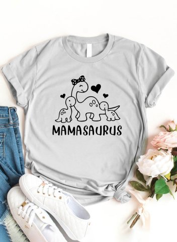 Women's T-shirts Casual Letter Mama Saurus Print Solid Round Neck Short Sleeve Daily T-shirts