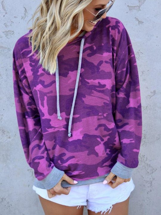 Camouflage Patchwork Long Sleeve Casual Hoodie For Women