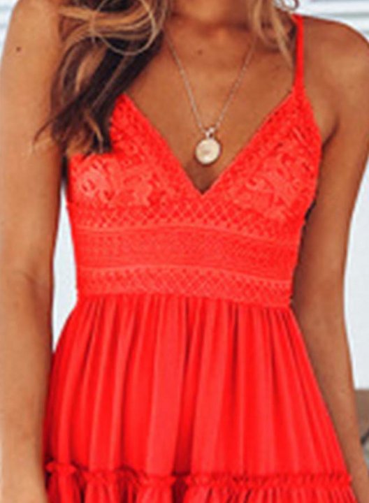 Women's Mini Dresses Fashion Solid Sleeveless V Neck Vintage Spaghetti Knot Lace Dress