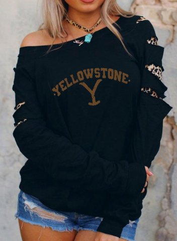 Sweatshirt Yellowstone Letter Print Off Shoulder Long Sleeve Black Shirt