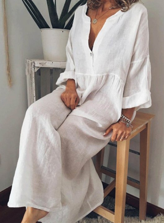 Women's Maxi Dresses Solid Long Sleeve V Neck Casual Boho Maxi Dress