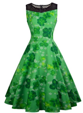 Women's Halter Neck Midi Dresses Sleeveless Fit Flare Shamrock Print St Patrick's Day Festival Vintage Midi Dress