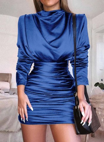 Women's Mini Dresses Solid Long Sleeve Bodycon High Neck Date Elegant Dress