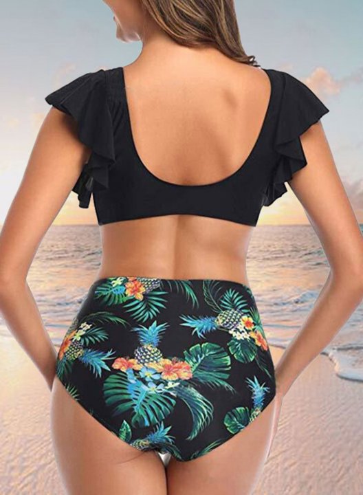 Women's Tankinis Ruffle Open Back Fruits & Plants Mid Waist V Neck Tankini Sets