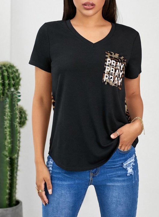 Women's T-shirts Leopard Letter Pray Print Short Sleeve V Neck Daily T-shirt