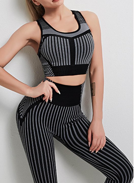 Women's Sports Sets Color Block Striped Sleeveless U Neck Casual Daily Sports Sets