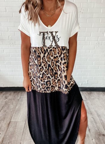 Women's Maxi Dresses Leopard LetterTexas Color Block Short Sleeve V Neck Casual Long Dress