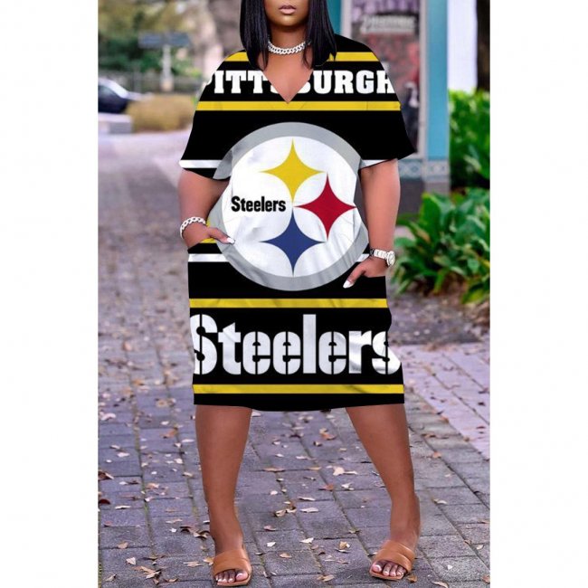 Pittsburgh Steelers Print Fashion Casual V Neck Short Sleeve Dress