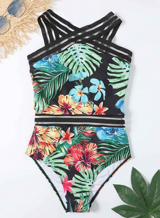 Women's One Piece Swimwear Floral Tropical V Neck One-Piece Swimsuit