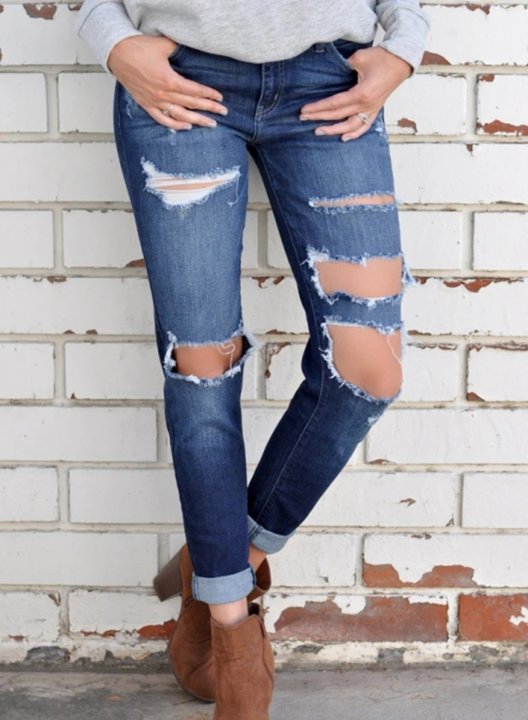 Women's Jeans Slim Solid Mid Waist Daily Ankle-length Casual Ripped Jeans